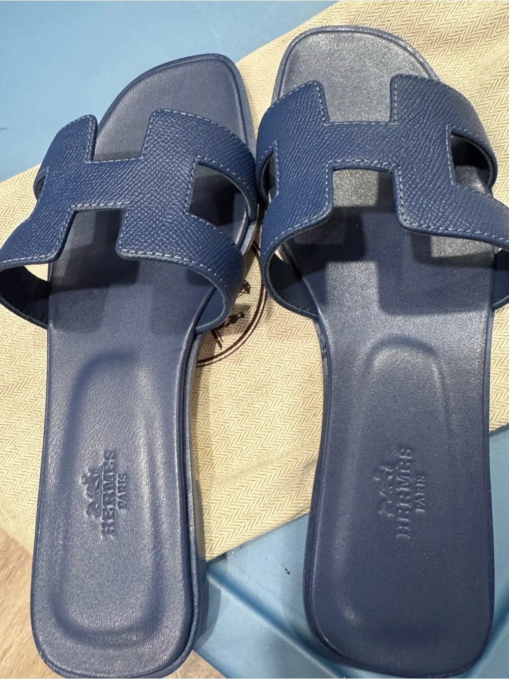 Hermes Oran Slide Sandals in Navy Blue - Picture 2 of 3